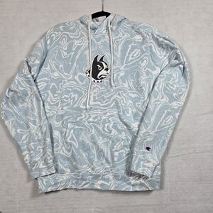 Champion Bulldog Graphic Marble Print Hoodie Blue & White Unisex XL